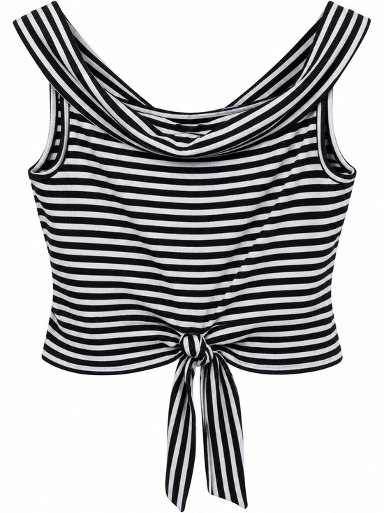 GBG Los Angeles Tops - GUESS Shirt -Black & White Stripes with Tie Front Cropped Top Banded Bottom